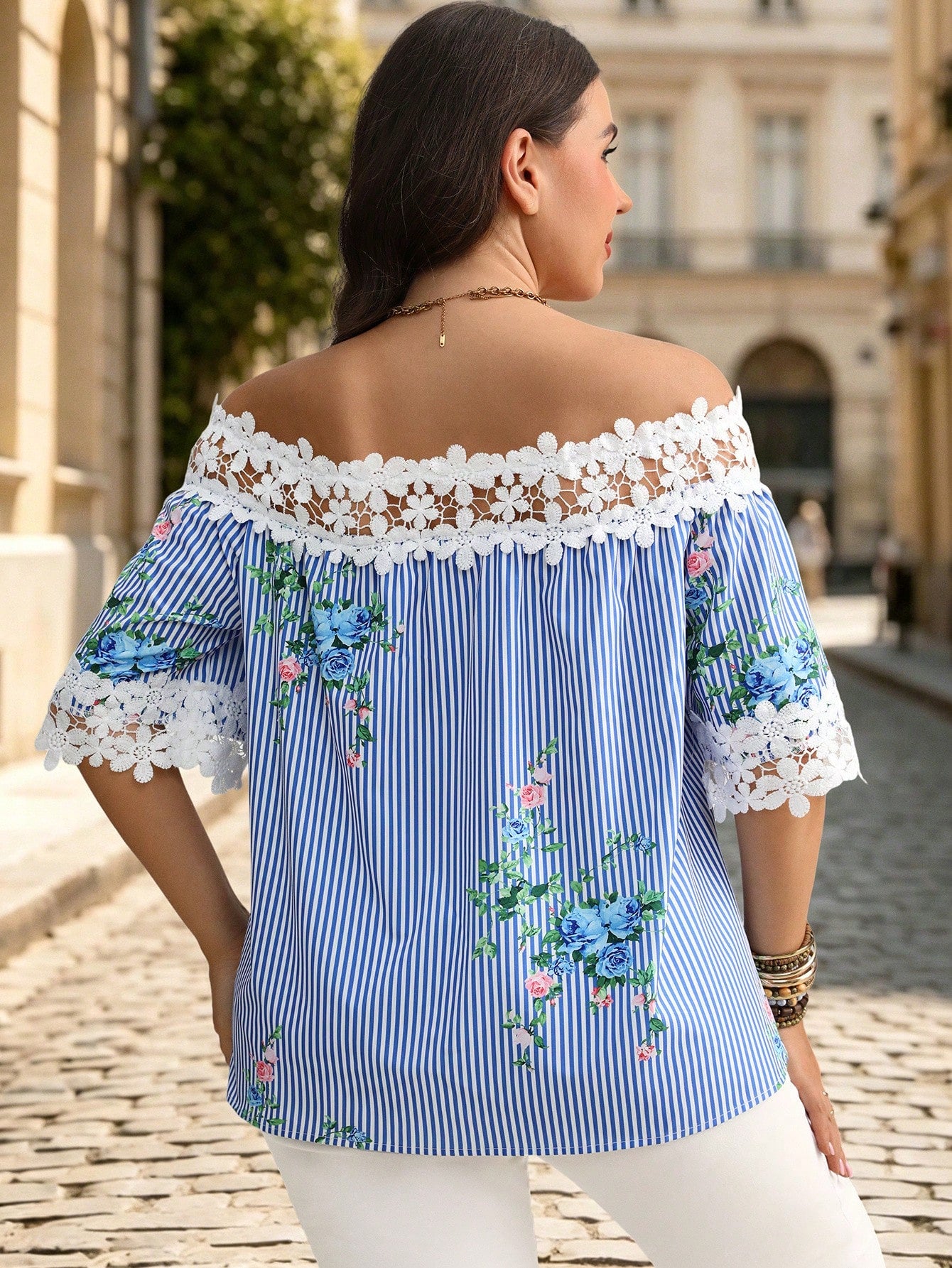 Breezaya Women's Plus Size Blue Striped Print Woven Fabric Lace Patchwork Square Neck Mid-Sleeve Short Sleeve Straight Loose A-Line Casual Fashion Comfortable Stylish Party Versatile Elegant Exquisite