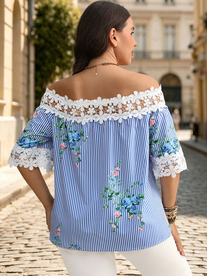 Breezaya Women's Plus Size Blue Striped Print Woven Fabric Lace Patchwork Square Neck Mid-Sleeve Short Sleeve Straight Loose A-Line Casual Fashion Comfortable Stylish Party Versatile Elegant Exquisite