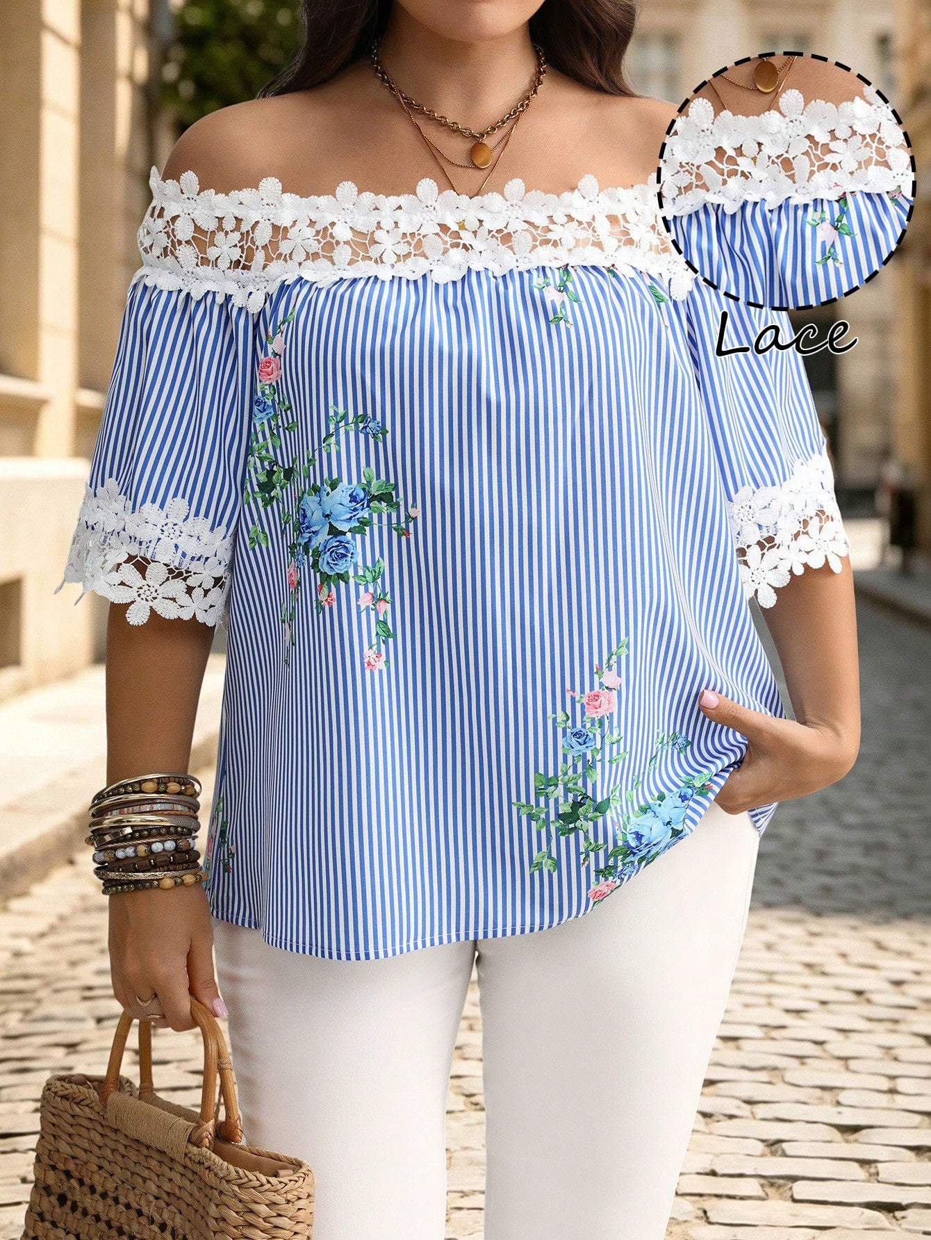 Breezaya Women's Plus Size Blue Striped Print Woven Fabric Lace Patchwork Square Neck Mid-Sleeve Short Sleeve Straight Loose A-Line Casual Fashion Comfortable Stylish Party Versatile Elegant Exquisite