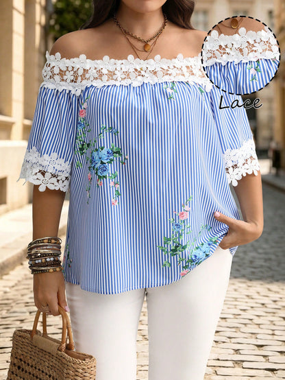 Breezaya Women's Plus Size Blue Striped Print Woven Fabric Lace Patchwork Square Neck Mid-Sleeve Short Sleeve Straight Loose A-Line Casual Fashion Comfortable Stylish Party Versatile Elegant Exquisite