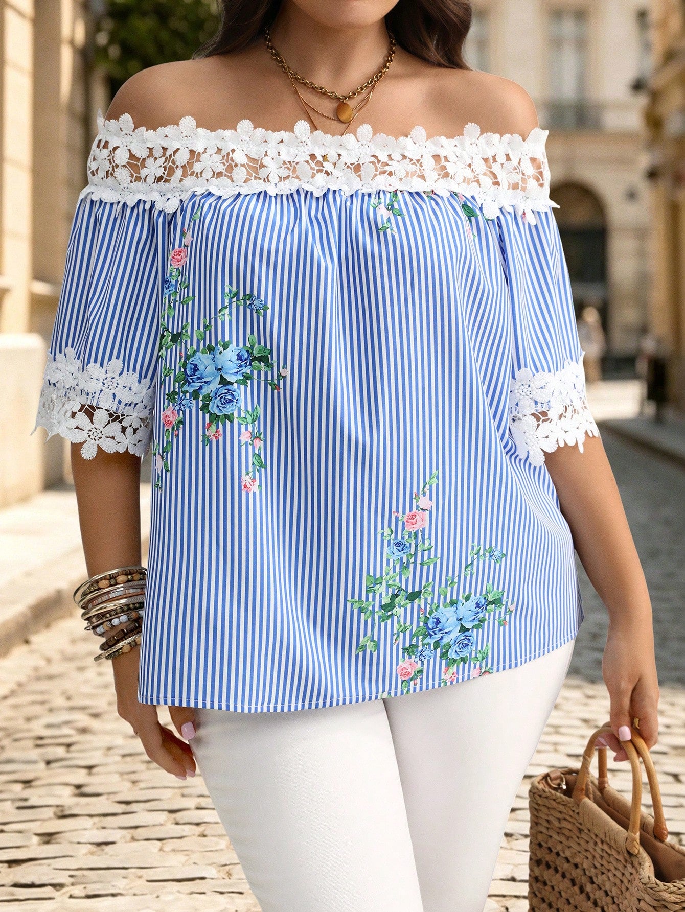 Breezaya Women's Plus Size Blue Striped Print Woven Fabric Lace Patchwork Square Neck Mid-Sleeve Short Sleeve Straight Loose A-Line Casual Fashion Comfortable Stylish Party Versatile Elegant Exquisite