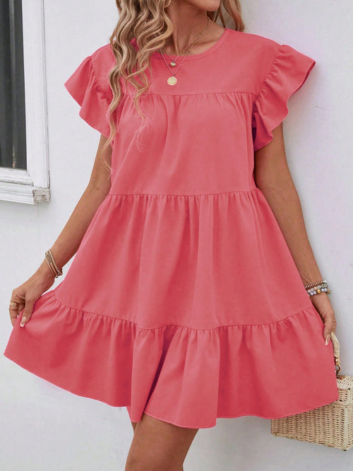 Breezaya Women Summer Solid Color Round Neck Loose Babydoll Dress With Ruffle Trim Vacation Beach Outfit Orange Coral Hot Pink