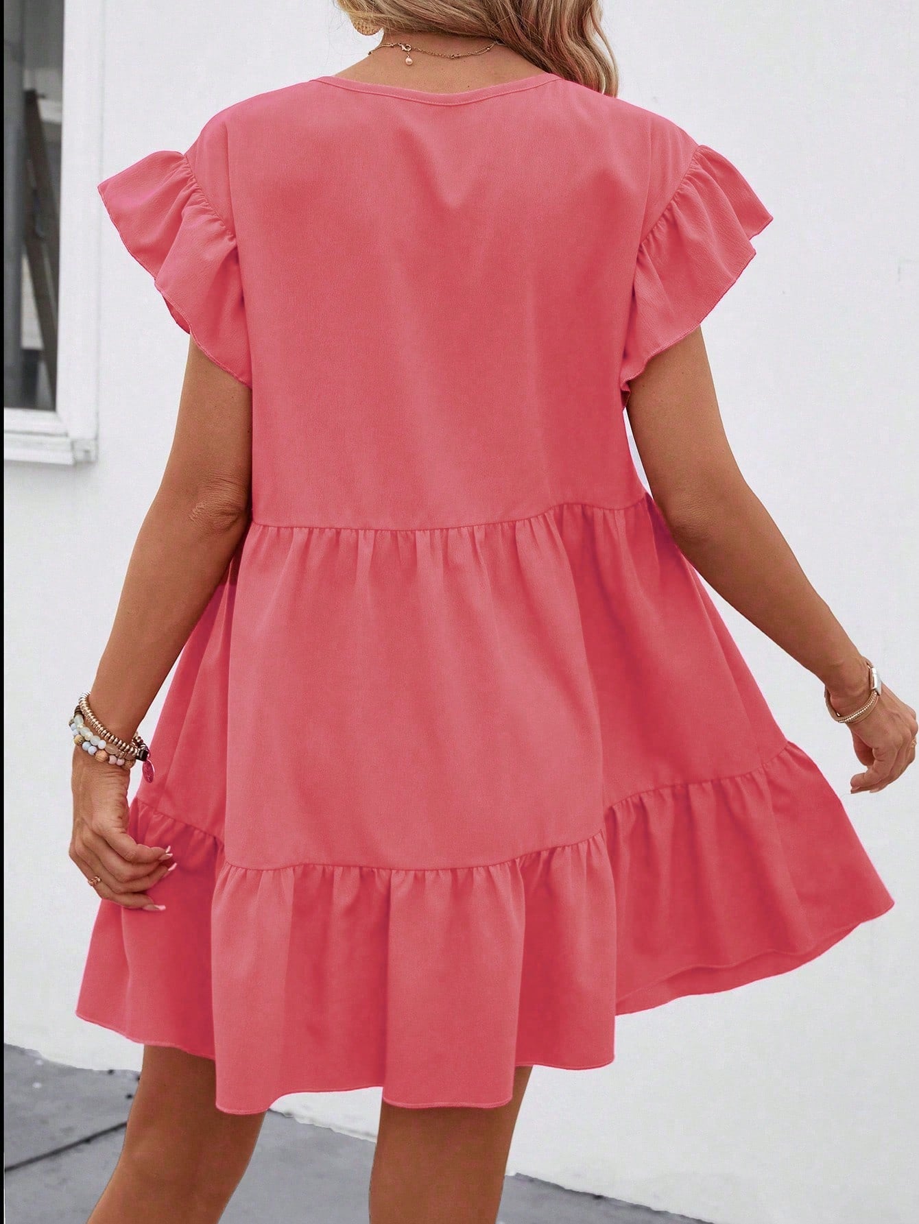 Breezaya Women Summer Solid Color Round Neck Loose Babydoll Dress With Ruffle Trim Vacation Beach Outfit Orange Coral Hot Pink