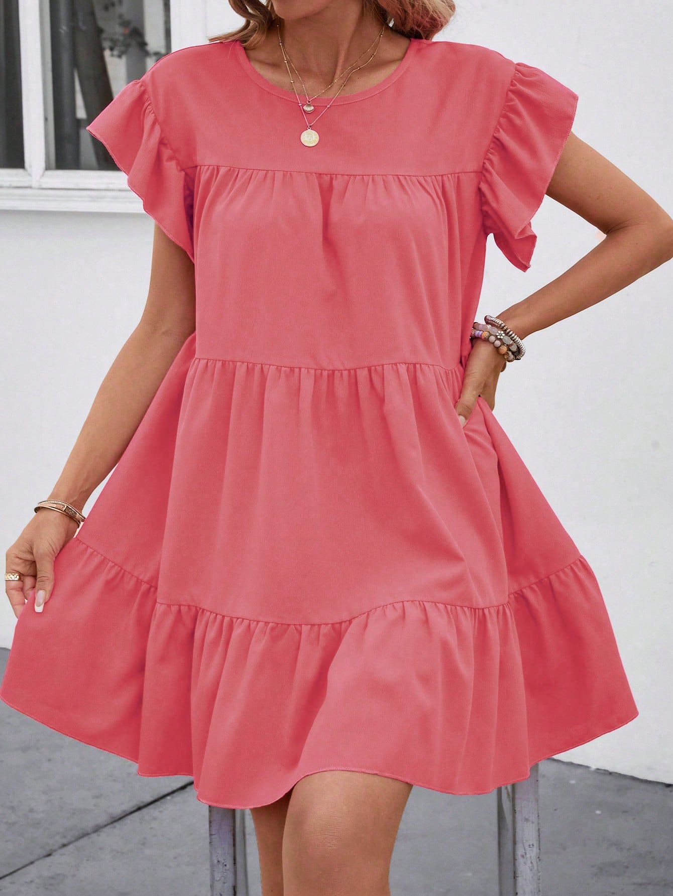 Breezaya Women Summer Solid Color Round Neck Loose Babydoll Dress With Ruffle Trim Vacation Beach Outfit Orange Coral Hot Pink
