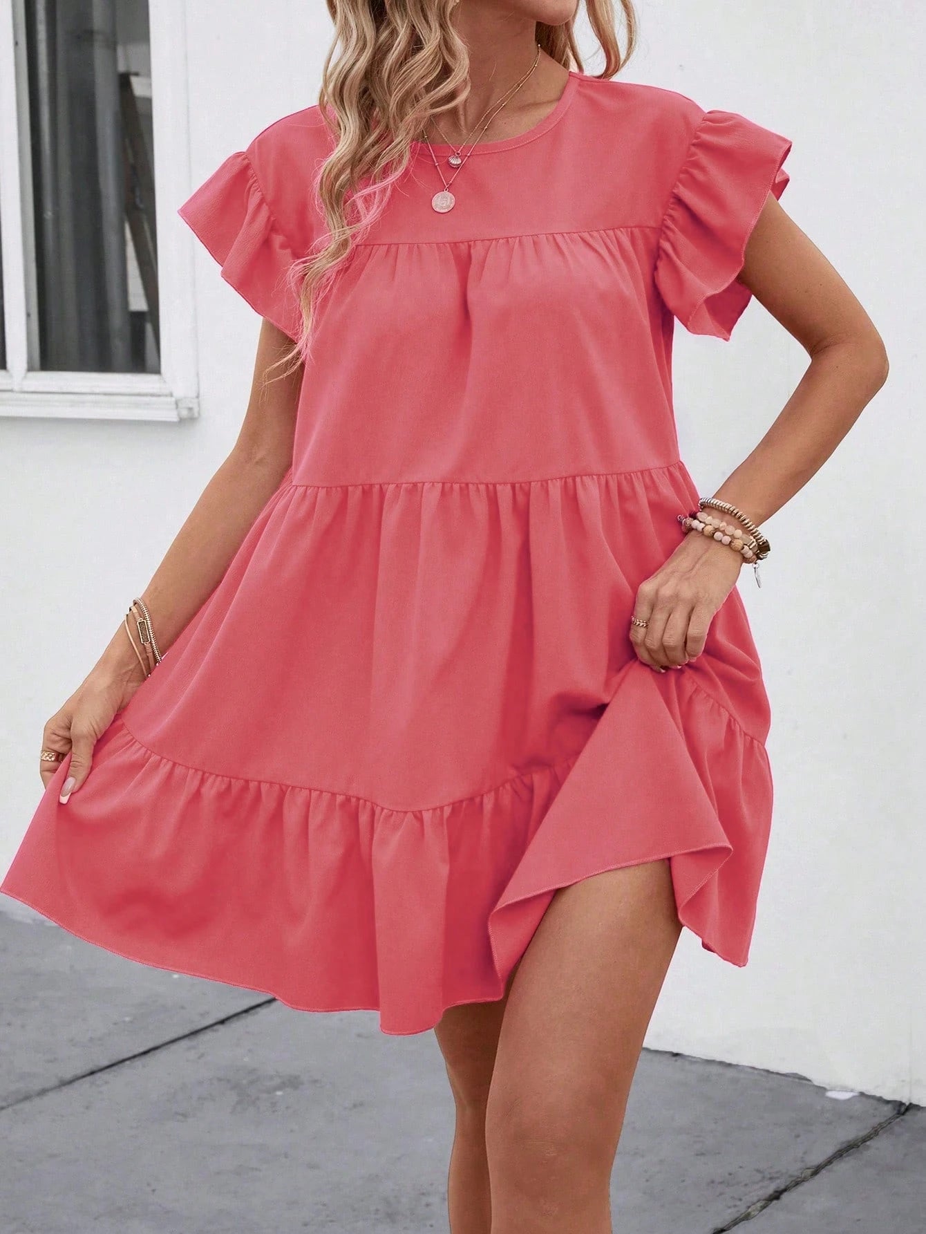 Breezaya Women Summer Solid Color Round Neck Loose Babydoll Dress With Ruffle Trim Vacation Beach Outfit Orange Coral Hot Pink