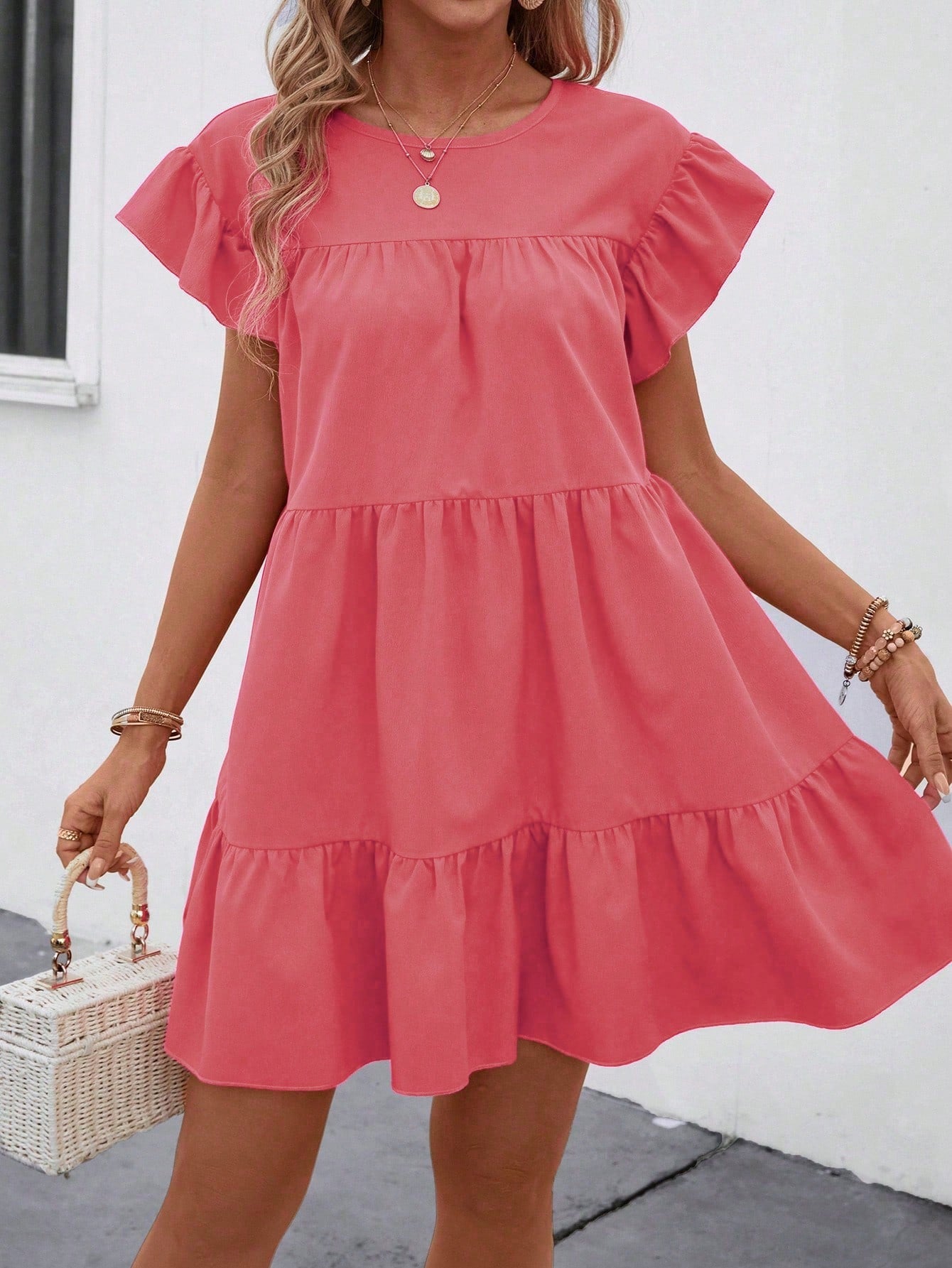 Breezaya Women Summer Solid Color Round Neck Loose Babydoll Dress With Ruffle Trim Vacation Beach Outfit Orange Coral Hot Pink