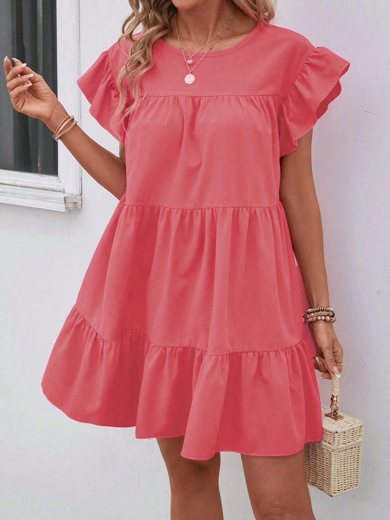 Breezaya Women Summer Solid Color Round Neck Loose Babydoll Dress With Ruffle Trim Vacation Beach Outfit Orange Coral Hot Pink