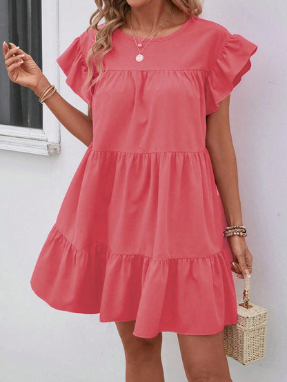 Breezaya Women Summer Solid Color Round Neck Loose Babydoll Dress With Ruffle Trim Vacation Beach Outfit Orange Coral Hot Pink