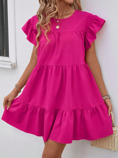 Breezaya Women Summer Solid Color Round Neck Loose Babydoll Dress With Ruffle Trim Vacation Beach Outfit Orange Coral Hot Pink