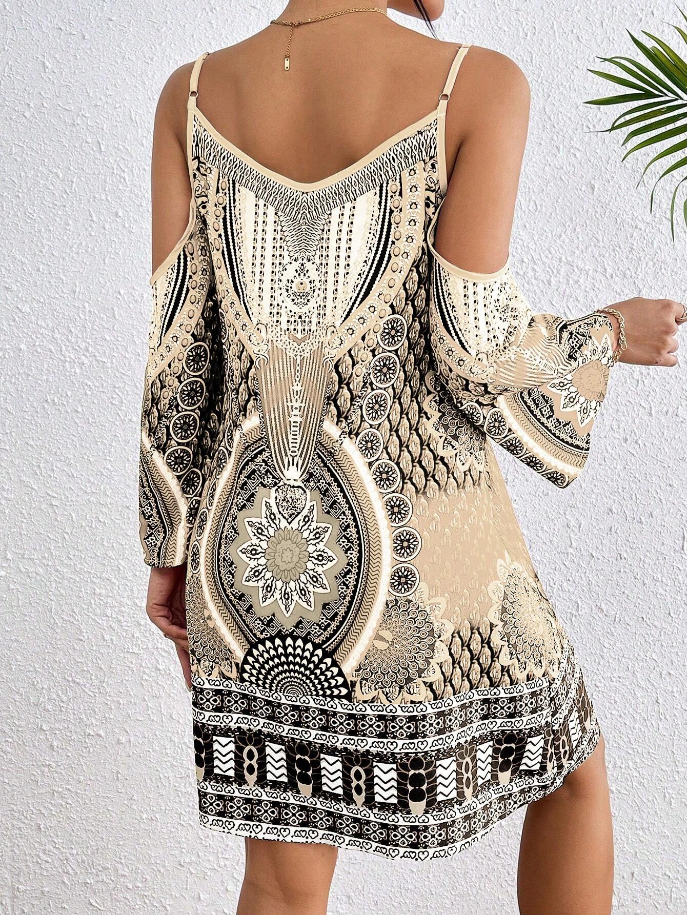 Breezaya Women Vintage Style Print Off Shoulder Dress Vacation Beach Outfit
