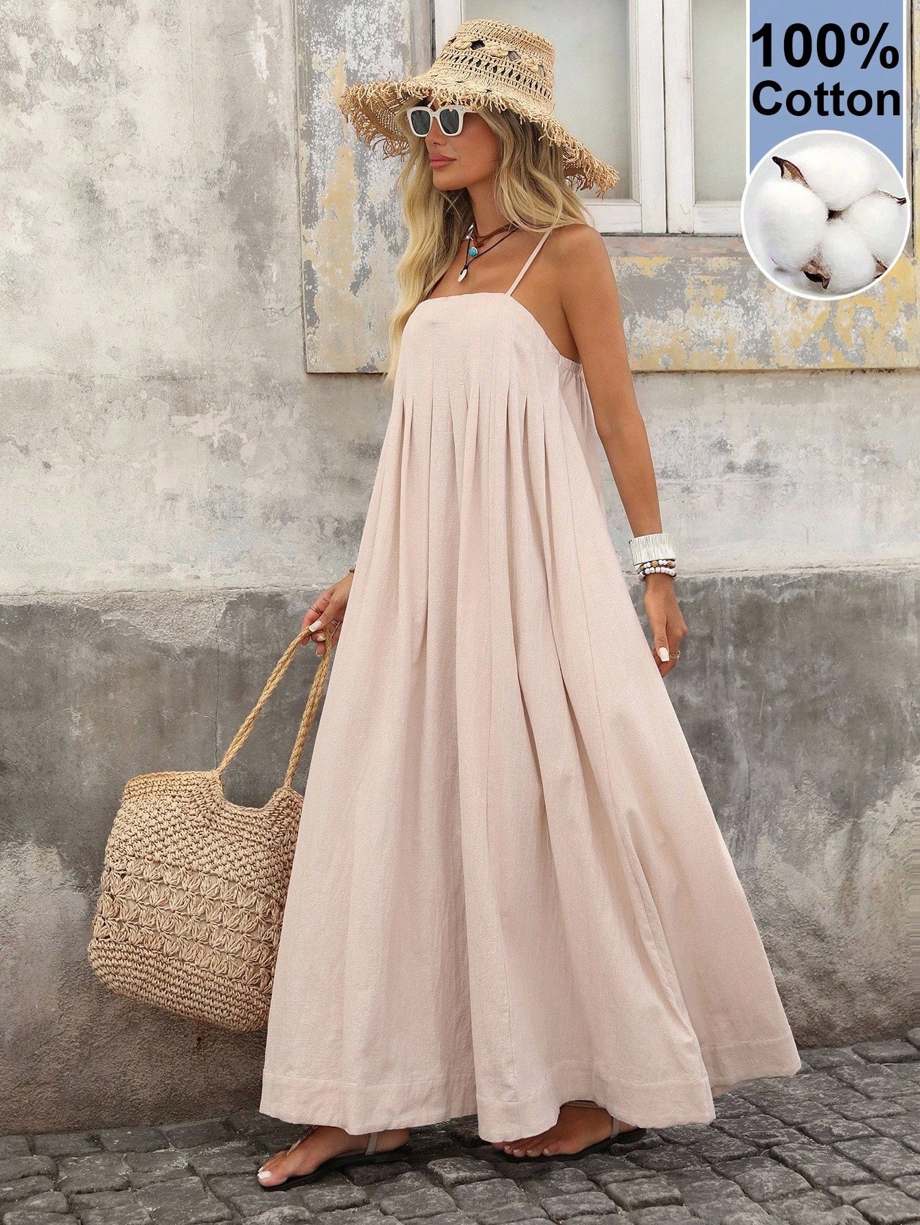 Brillora Spring/Summer Vacation Solid Color Woven Loose Fit Spaghetti Strap Long Dress For Women