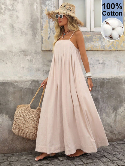 Brillora Spring/Summer Vacation Solid Color Woven Loose Fit Spaghetti Strap Long Dress For Women