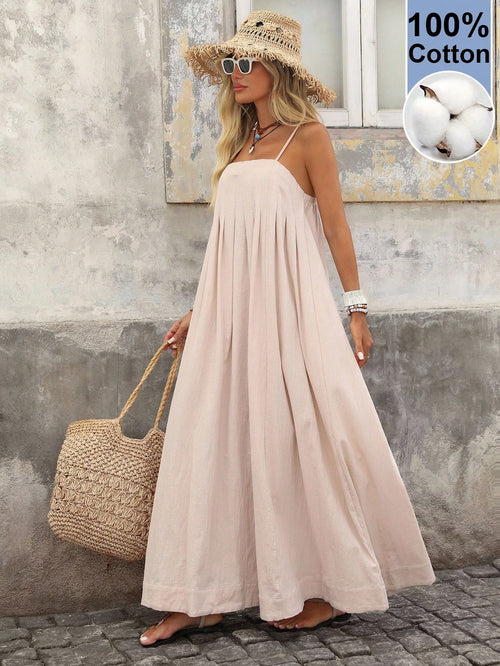 Brillora Spring/Summer Vacation Solid Color Woven Loose Fit Spaghetti Strap Long Dress For Women