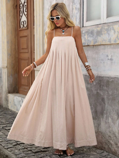 Brillora Spring/Summer Vacation Solid Color Woven Loose Fit Spaghetti Strap Long Dress For Women