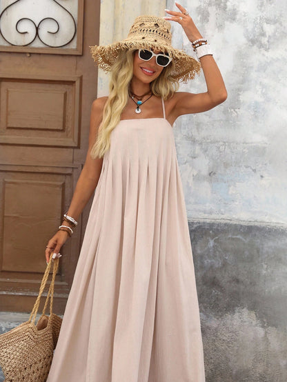 Brillora Spring/Summer Vacation Solid Color Woven Loose Fit Spaghetti Strap Long Dress For Women