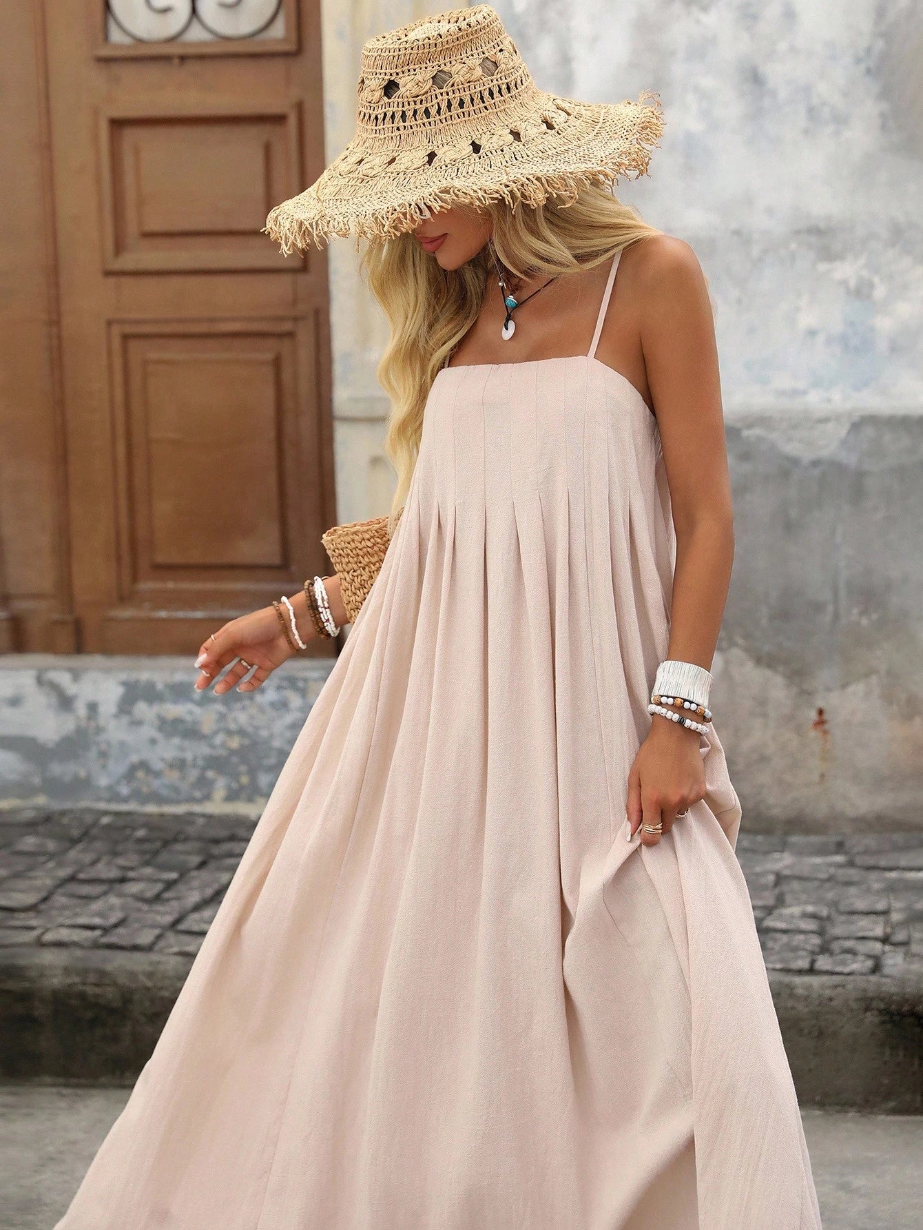 Brillora Spring/Summer Vacation Solid Color Woven Loose Fit Spaghetti Strap Long Dress For Women