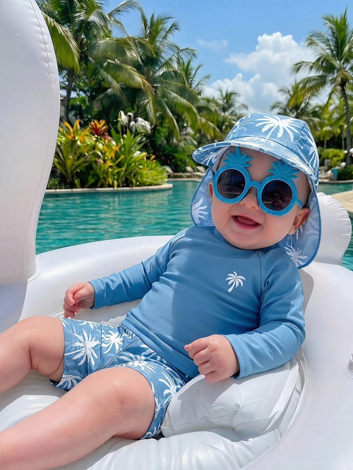 Bubblio Unisex Baby 3pcs/Set Blue Cute Coconut Tree Long Sleeve Rash Guard Swimsuit Sun Protection Hat Swimwear,Summer Funny Beach Pool Party Vacation Holiday