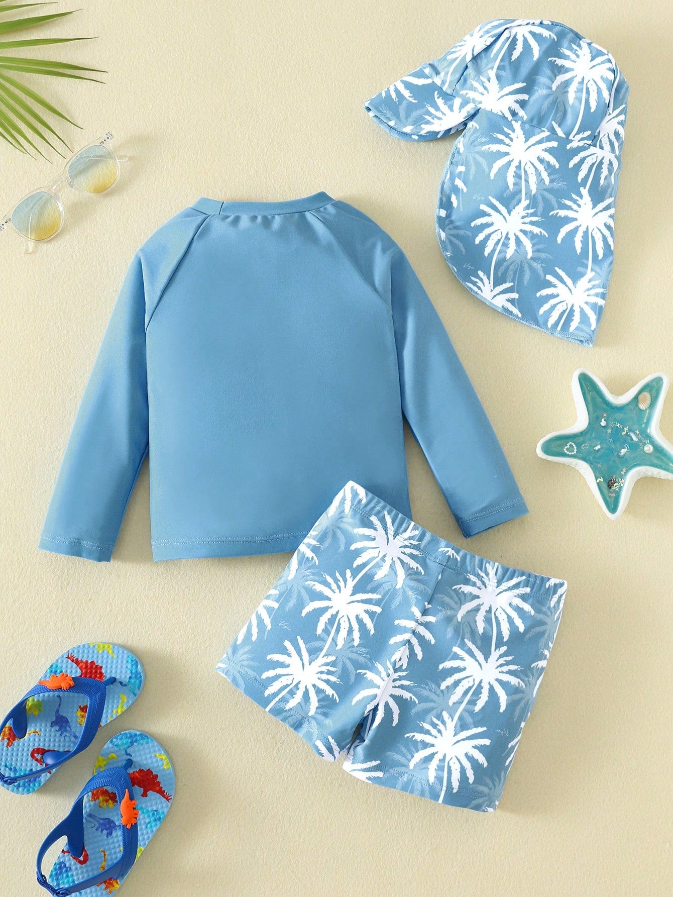 Bubblio Unisex Baby 3pcs/Set Blue Cute Coconut Tree Long Sleeve Rash Guard Swimsuit Sun Protection Hat Swimwear,Summer Funny Beach Pool Party Vacation Holiday