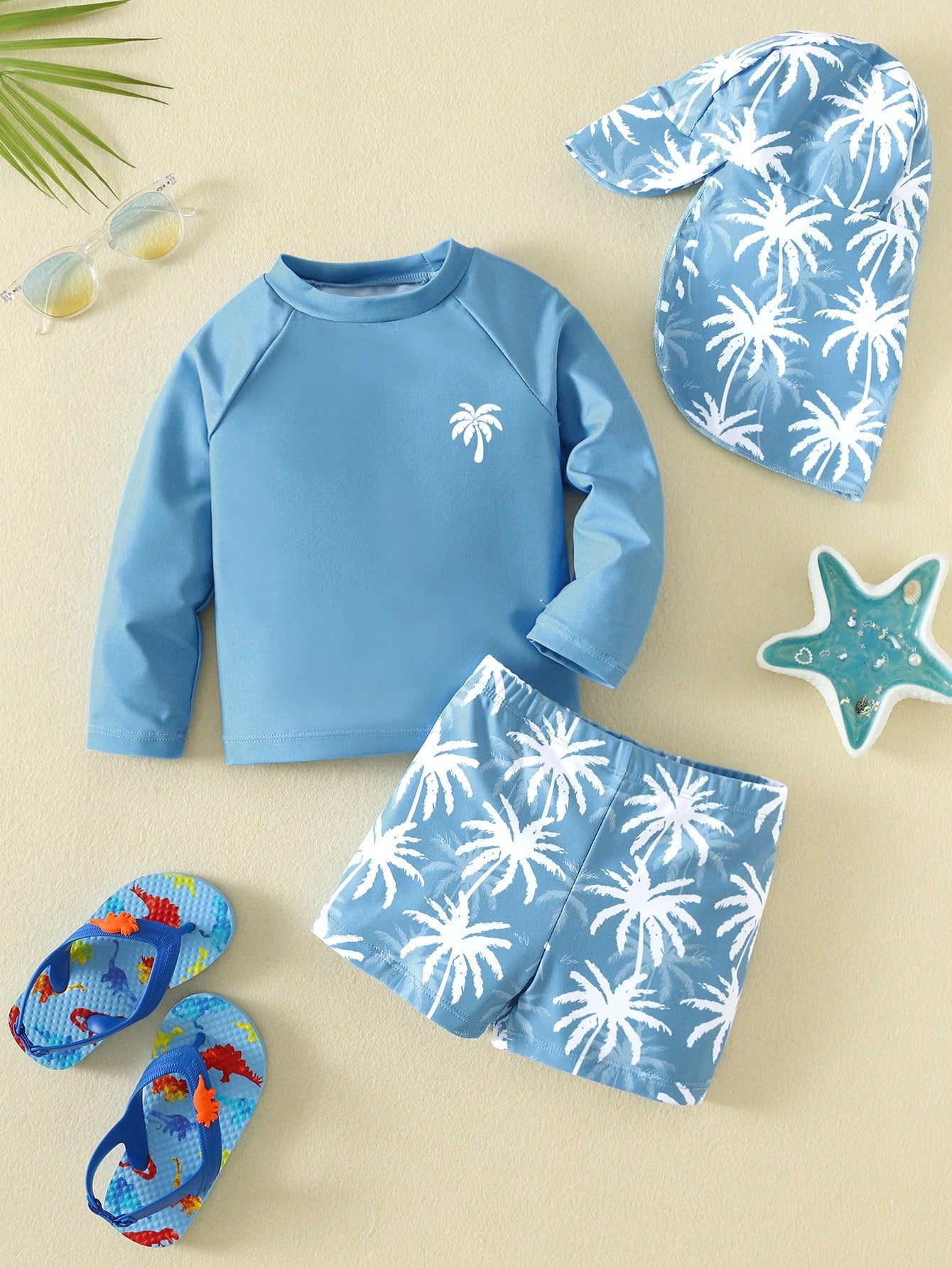 Bubblio Unisex Baby 3pcs/Set Blue Cute Coconut Tree Long Sleeve Rash Guard Swimsuit Sun Protection Hat Swimwear,Summer Funny Beach Pool Party Vacation Holiday