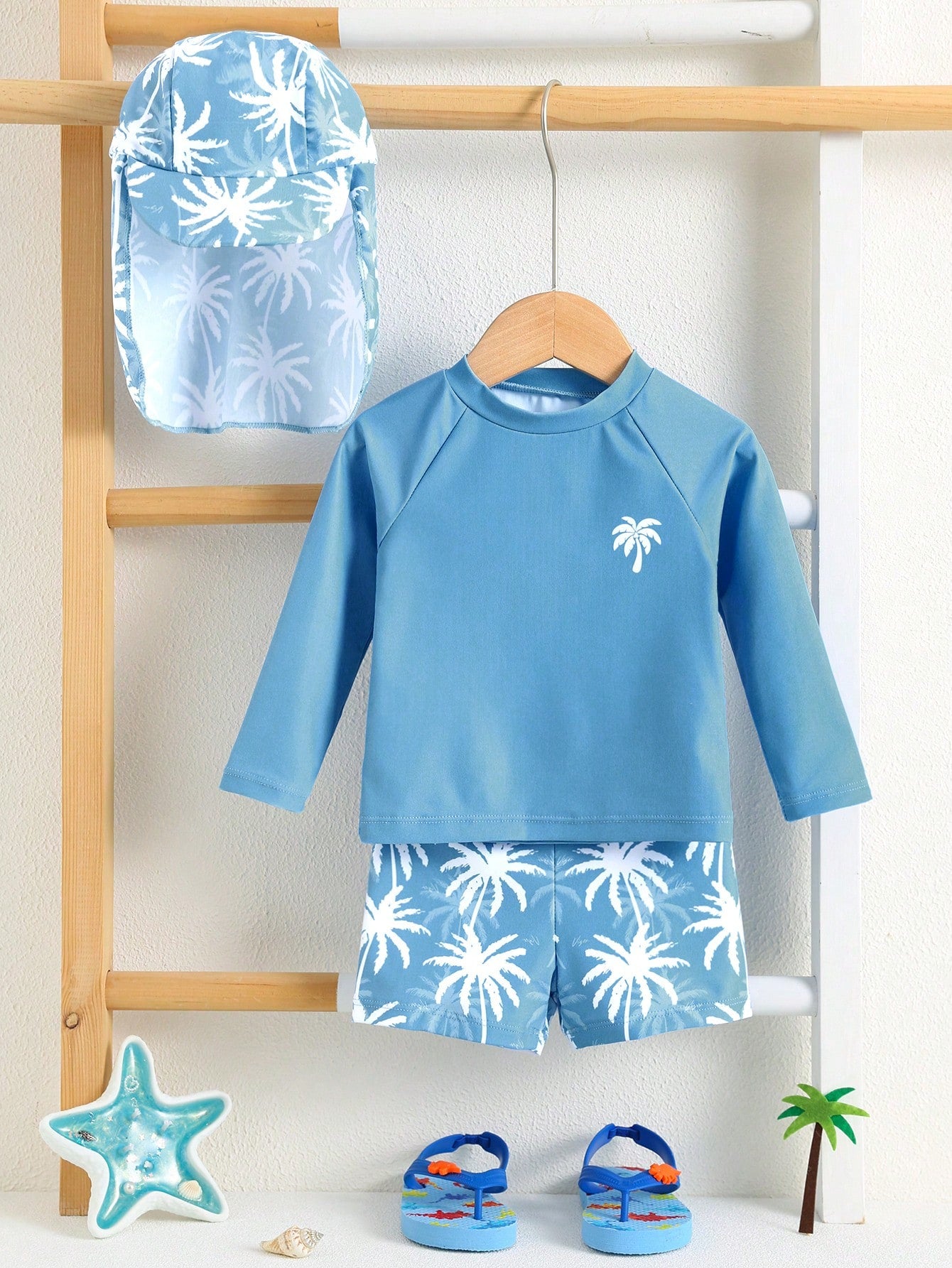 Bubblio Unisex Baby 3pcs/Set Blue Cute Coconut Tree Long Sleeve Rash Guard Swimsuit Sun Protection Hat Swimwear,Summer Funny Beach Pool Party Vacation Holiday