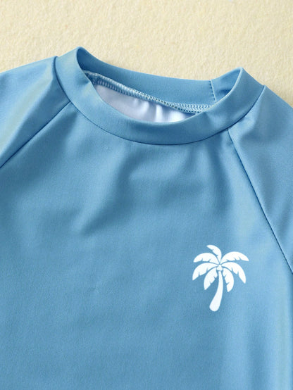 Bubblio Unisex Baby 3pcs/Set Blue Cute Coconut Tree Long Sleeve Rash Guard Swimsuit Sun Protection Hat Swimwear,Summer Funny Beach Pool Party Vacation Holiday