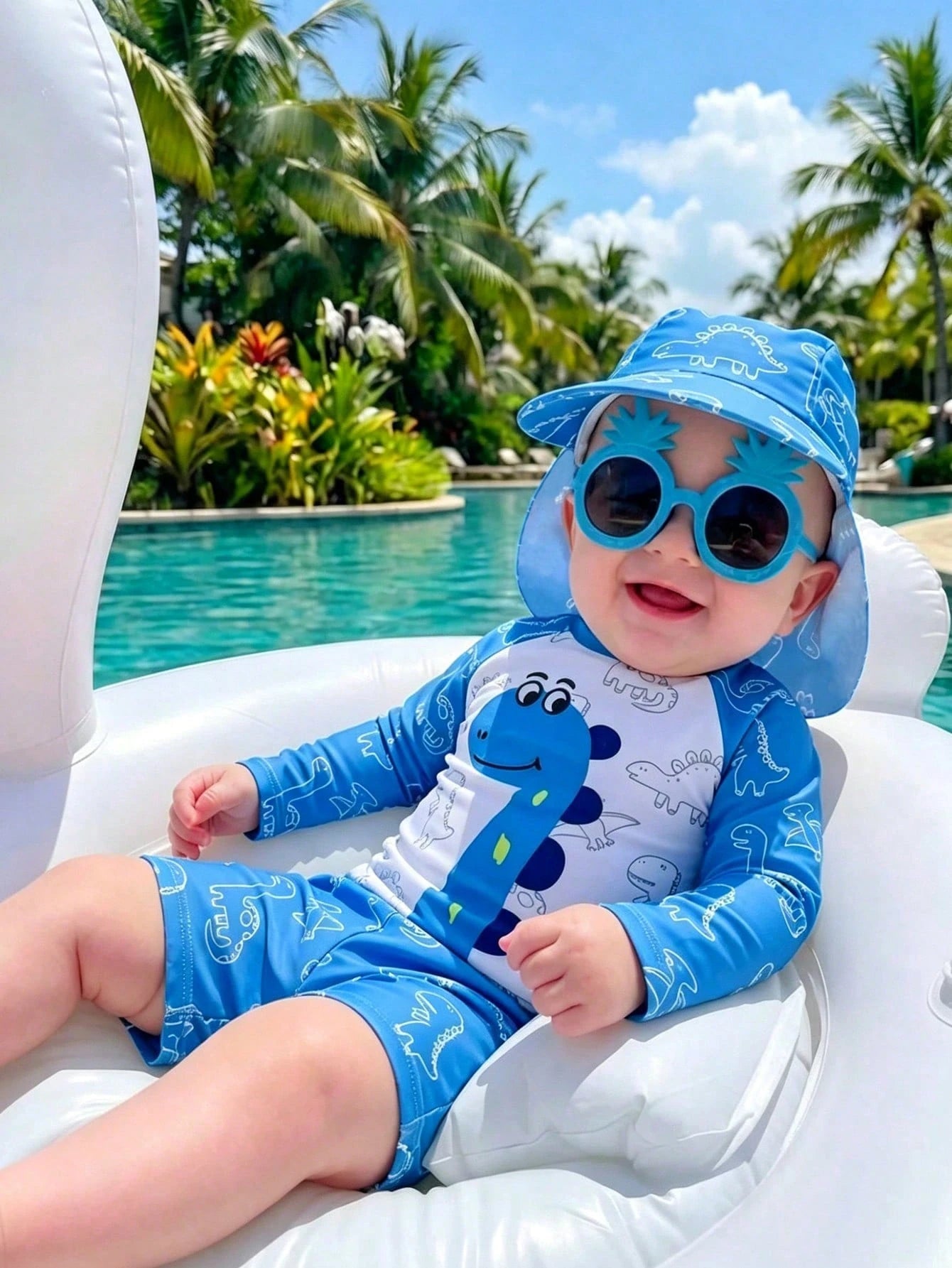 Bubblio Unisex Baby 3pcs/Set Blue Cute Dinosaur Animal Print Long Sleeve Rash Guard Swimsuit And Sun Protection Hat Set,Summer Beach Vacation Holiday Swimwear
