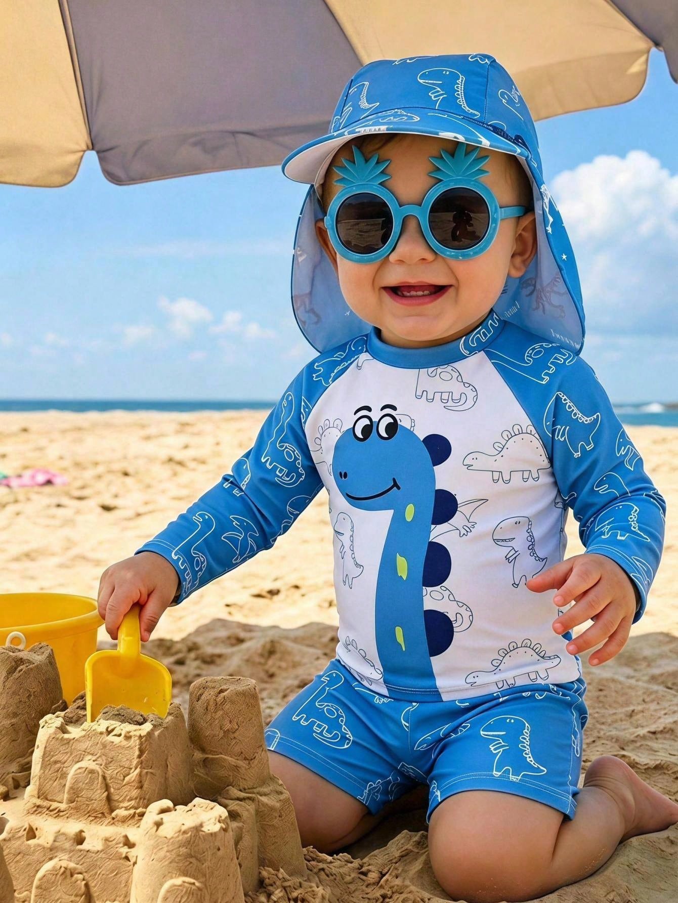 Bubblio Unisex Baby 3pcs/Set Blue Cute Dinosaur Animal Print Long Sleeve Rash Guard Swimsuit And Sun Protection Hat Set,Summer Beach Vacation Holiday Swimwear
