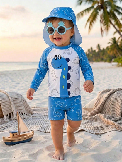 Bubblio Unisex Baby 3pcs/Set Blue Cute Dinosaur Animal Print Long Sleeve Rash Guard Swimsuit And Sun Protection Hat Set,Summer Beach Vacation Holiday Swimwear