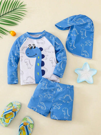 Bubblio Unisex Baby 3pcs/Set Blue Cute Dinosaur Animal Print Long Sleeve Rash Guard Swimsuit And Sun Protection Hat Set,Summer Beach Vacation Holiday Swimwear