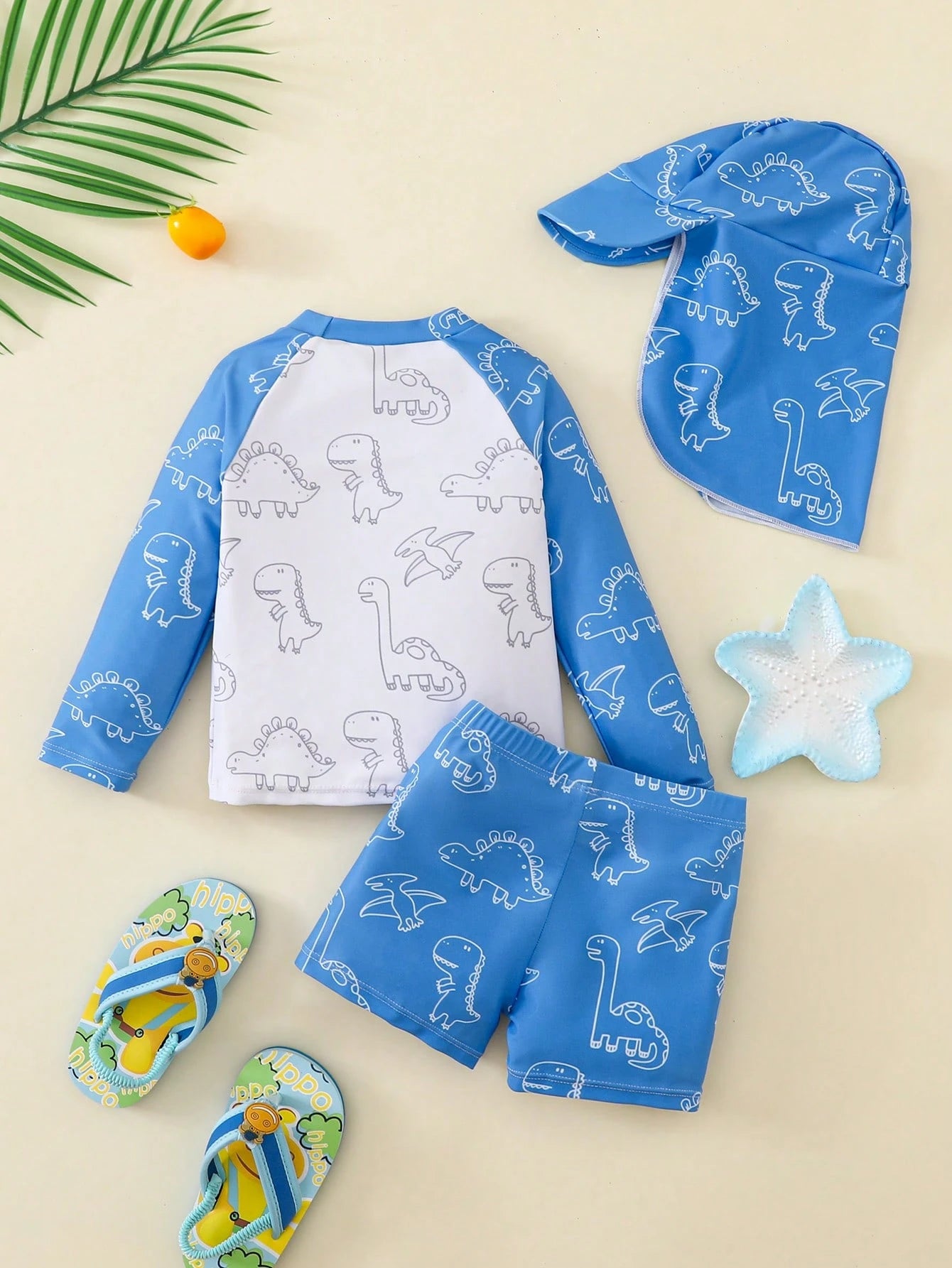 Bubblio Unisex Baby 3pcs/Set Blue Cute Dinosaur Animal Print Long Sleeve Rash Guard Swimsuit And Sun Protection Hat Set,Summer Beach Vacation Holiday Swimwear