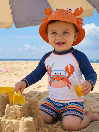 Bubblio Unisex Baby 3pcs/Set Blue Cute Dinosaur Animal Print Long Sleeve Rash Guard Swimsuit And Sun Protection Hat Set,Summer Beach Vacation Holiday Swimwear