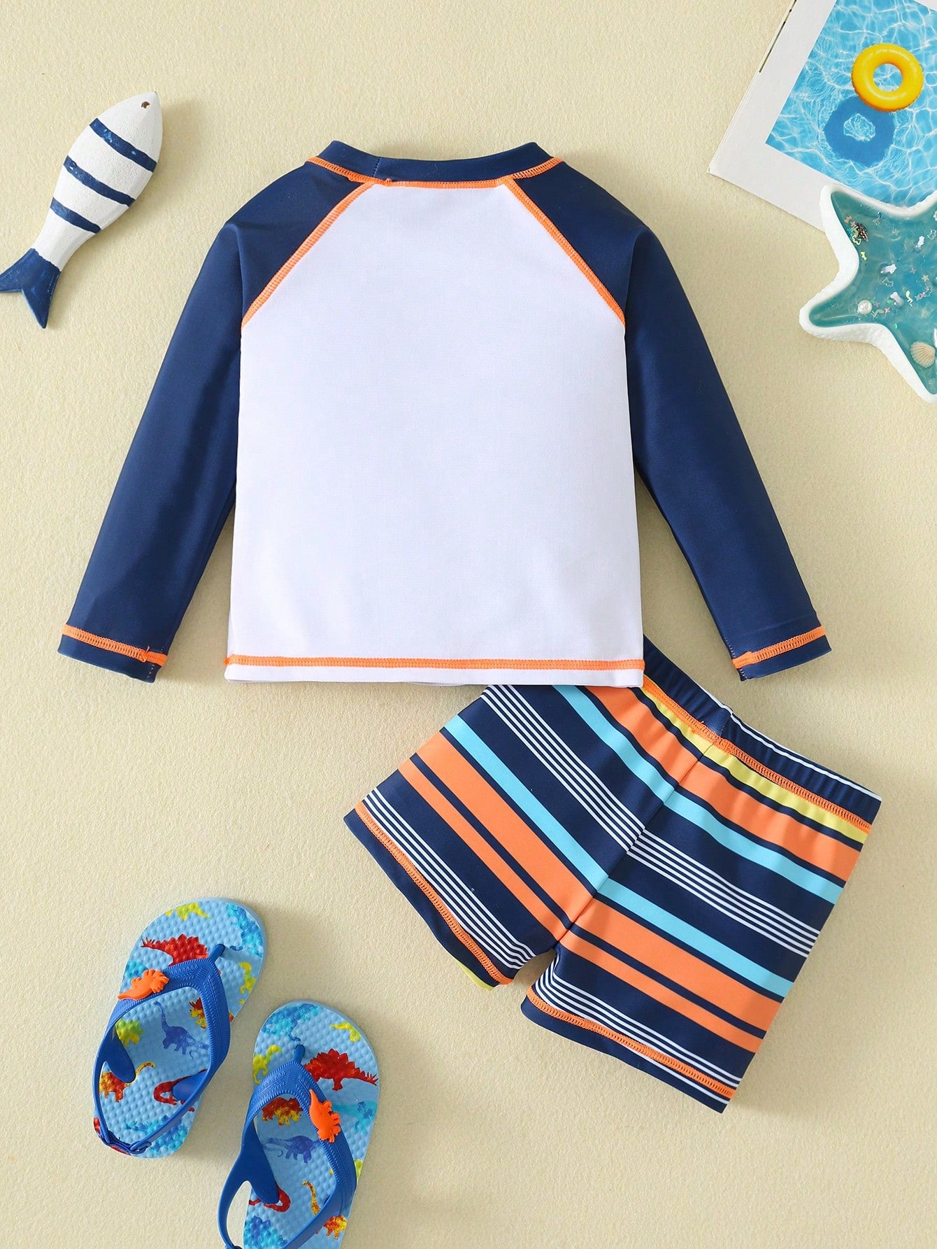 Bubblio Unisex Baby 3pcs/Set Blue Cute Dinosaur Animal Print Long Sleeve Rash Guard Swimsuit And Sun Protection Hat Set,Summer Beach Vacation Holiday Swimwear