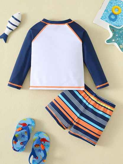Bubblio Unisex Baby 3pcs/Set Blue Cute Dinosaur Animal Print Long Sleeve Rash Guard Swimsuit And Sun Protection Hat Set,Summer Beach Vacation Holiday Swimwear