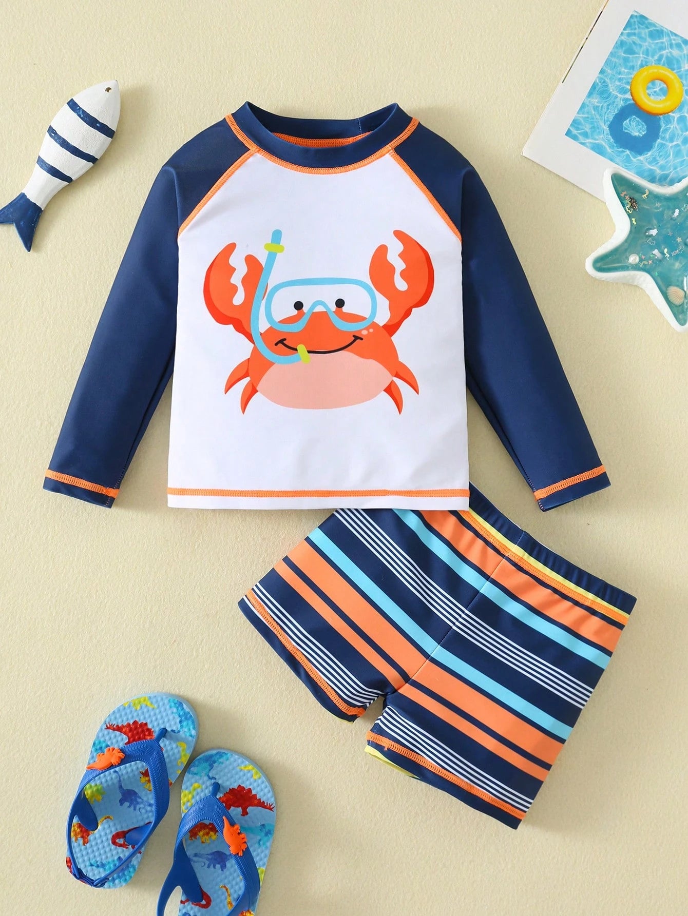 Bubblio Unisex Baby 3pcs/Set Blue Cute Dinosaur Animal Print Long Sleeve Rash Guard Swimsuit And Sun Protection Hat Set,Summer Beach Vacation Holiday Swimwear