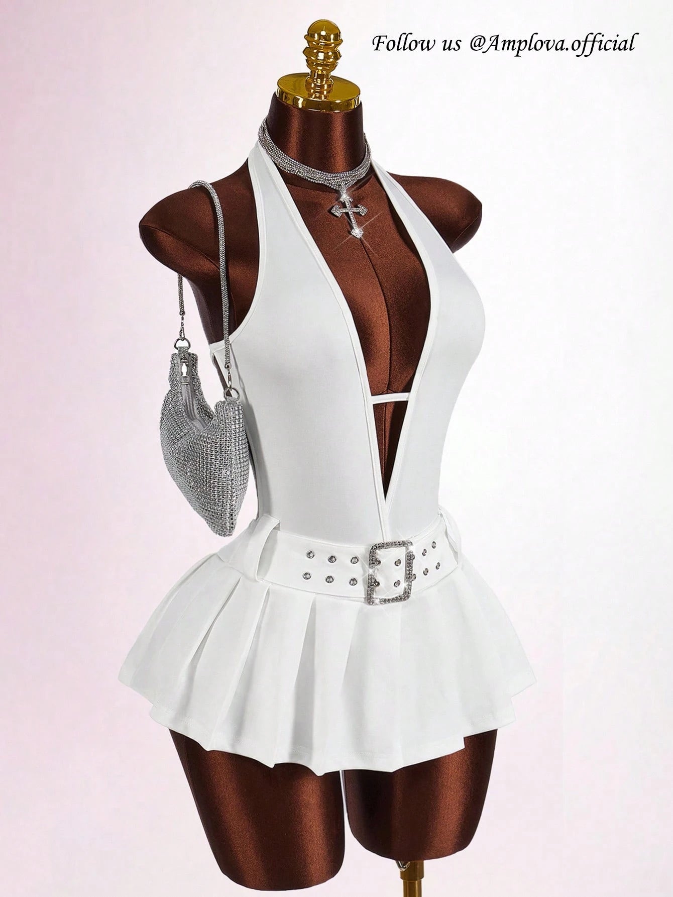 Bumpella Y2k Clothes Women White Summer 70s Club Party Outfit Deep V-Neck Backless Metal Belt Buckle High Slit Pleated Form-Fitting Mini Jumpsuit Dress Kawaii