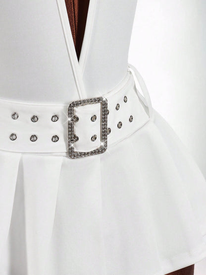 Bumpella Y2k Clothes Women White Summer 70s Club Party Outfit Deep V-Neck Backless Metal Belt Buckle High Slit Pleated Form-Fitting Mini Jumpsuit Dress Kawaii