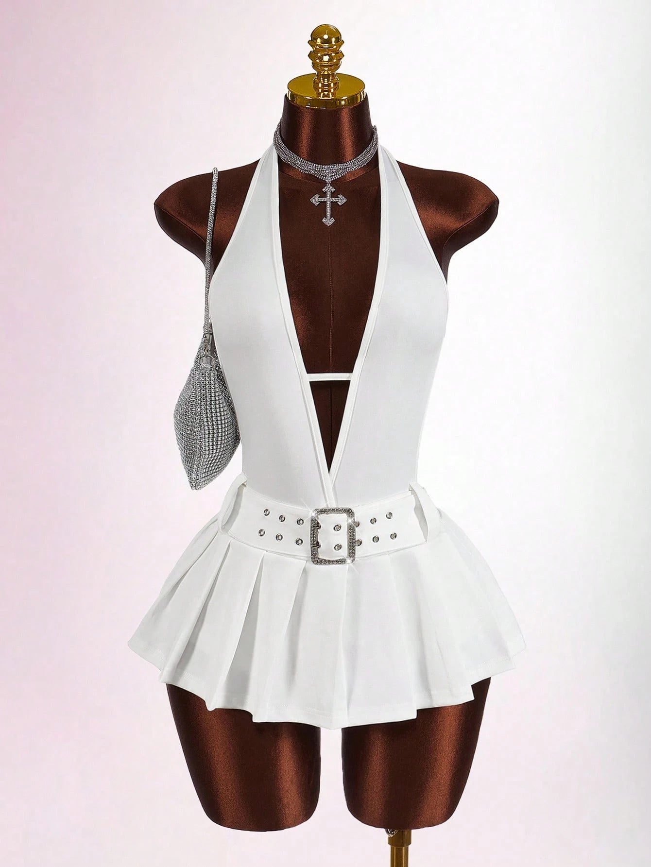 Bumpella Y2k Clothes Women White Summer 70s Club Party Outfit Deep V-Neck Backless Metal Belt Buckle High Slit Pleated Form-Fitting Mini Jumpsuit Dress Kawaii