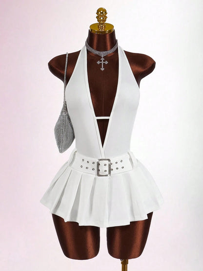 Bumpella Y2k Clothes Women White Summer 70s Club Party Outfit Deep V-Neck Backless Metal Belt Buckle High Slit Pleated Form-Fitting Mini Jumpsuit Dress Kawaii