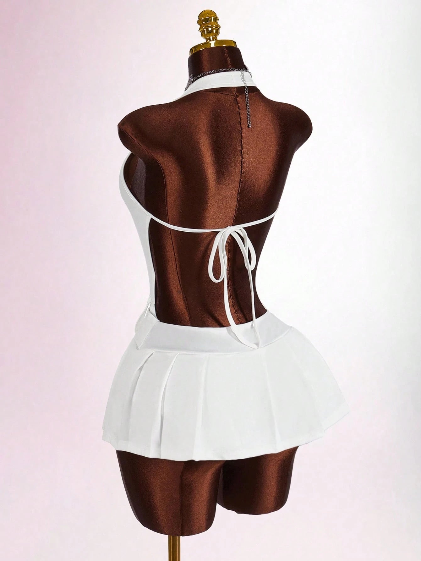 Bumpella Y2k Clothes Women White Summer 70s Club Party Outfit Deep V-Neck Backless Metal Belt Buckle High Slit Pleated Form-Fitting Mini Jumpsuit Dress Kawaii