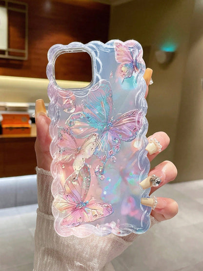 Butterfly Print Braided Ruffles Edge Fashion Protective Phone Case Suitable For IPhone16/16 IPhone15/New IPhone14/12PROMAX/13PROMAX/14PROMAX/Braided Print Shockproof Creative Phone Case For XR/7/8, P