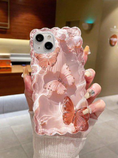 Butterfly Print Braided Ruffles Edge Fashion Protective Phone Case Suitable For IPhone16/16 IPhone15/New IPhone14/12PROMAX/13PROMAX/14PROMAX/Braided Print Shockproof Creative Phone Case For XR/7/8, P