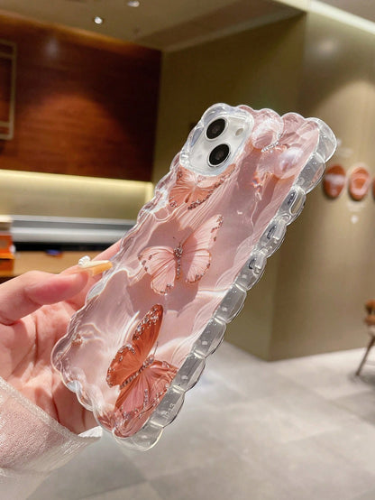 Butterfly Print Braided Ruffles Edge Fashion Protective Phone Case Suitable For IPhone16/16 IPhone15/New IPhone14/12PROMAX/13PROMAX/14PROMAX/Braided Print Shockproof Creative Phone Case For XR/7/8, P