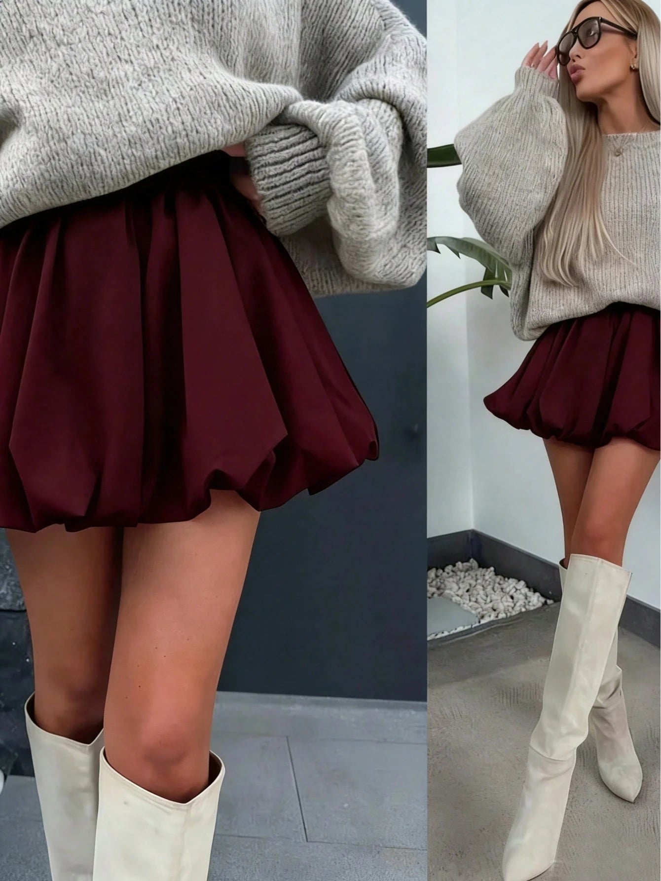 Buzzelle Solstice Apparel Bubble Pleated High Waist A-Line Mini Skirt, Burgundy Woven Fabric
