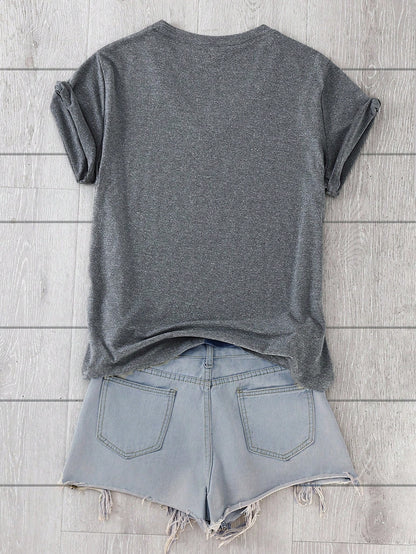 Calvaya Plus Size V-Neck Short Sleeve Letter Print Casual T-Shirt Women Graphic Tee Top For Summer