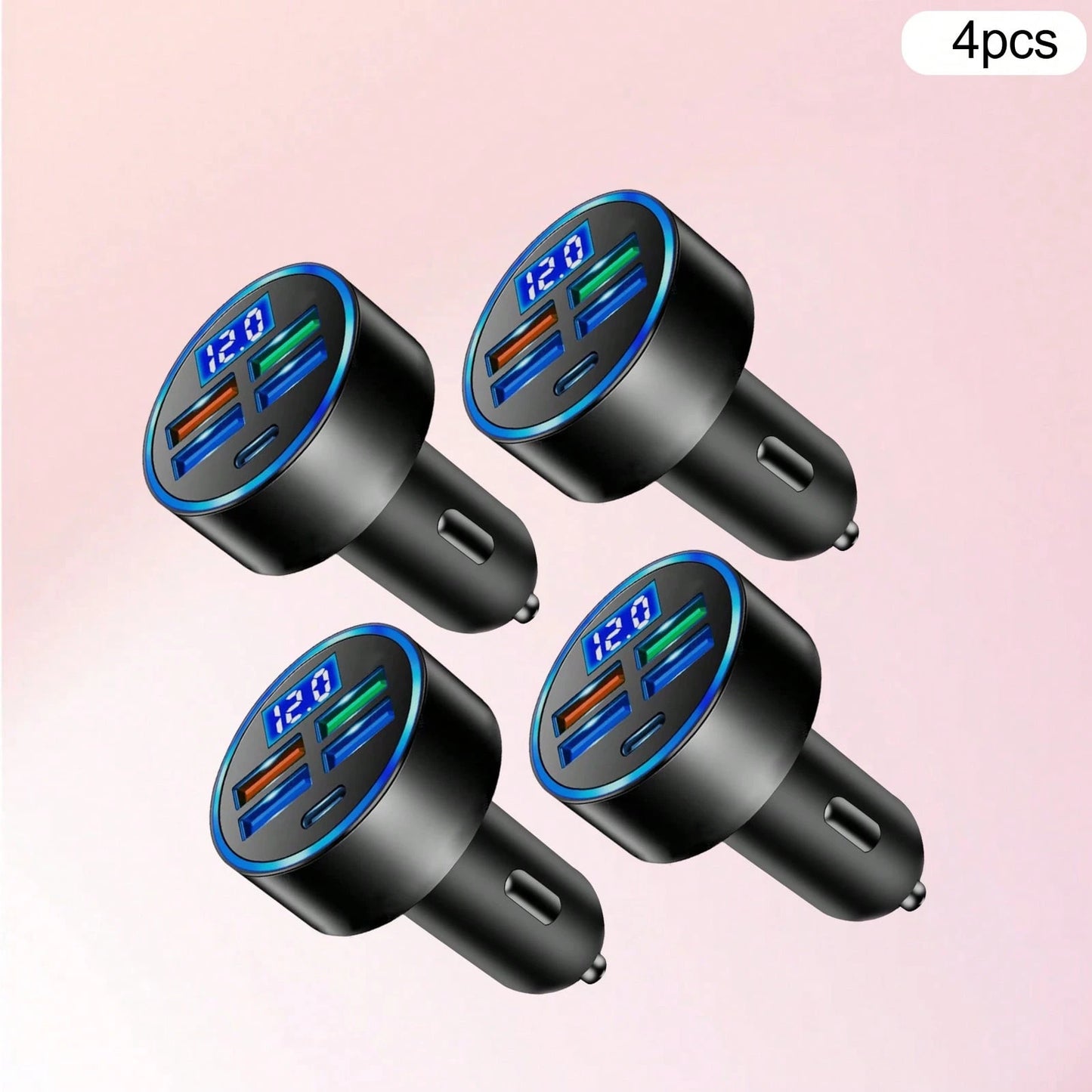Car Charger (4-Pack): Digital Display Multi-USB Quick Charge Lighter Adapter – Fast Charging For Smartphones/Overload Protection| Ideal For Commutes & Long Drives Suitable For Daily Commute, Long Dri