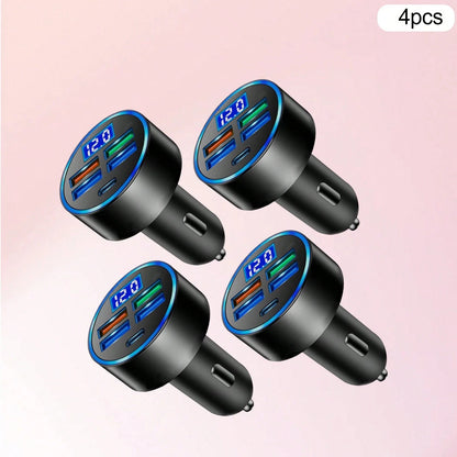 Car Charger (4-Pack): Digital Display Multi-USB Quick Charge Lighter Adapter – Fast Charging For Smartphones/Overload Protection| Ideal For Commutes & Long Drives Suitable For Daily Commute, Long Dri