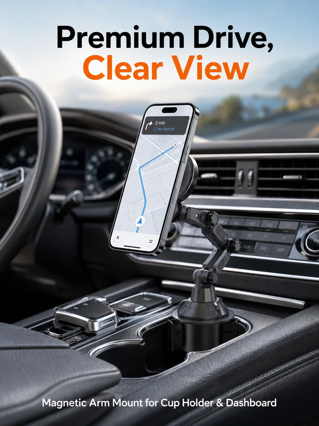 Car Cup Holder Magnetic Phone Mount, Adjustable Multi-Joint Arm MagSafe Car Phone Holder, 360° Rotating Stable Cup Base Phone Mount, Hands-Free Navigation Universal Car Dashboard Smartphone Holder