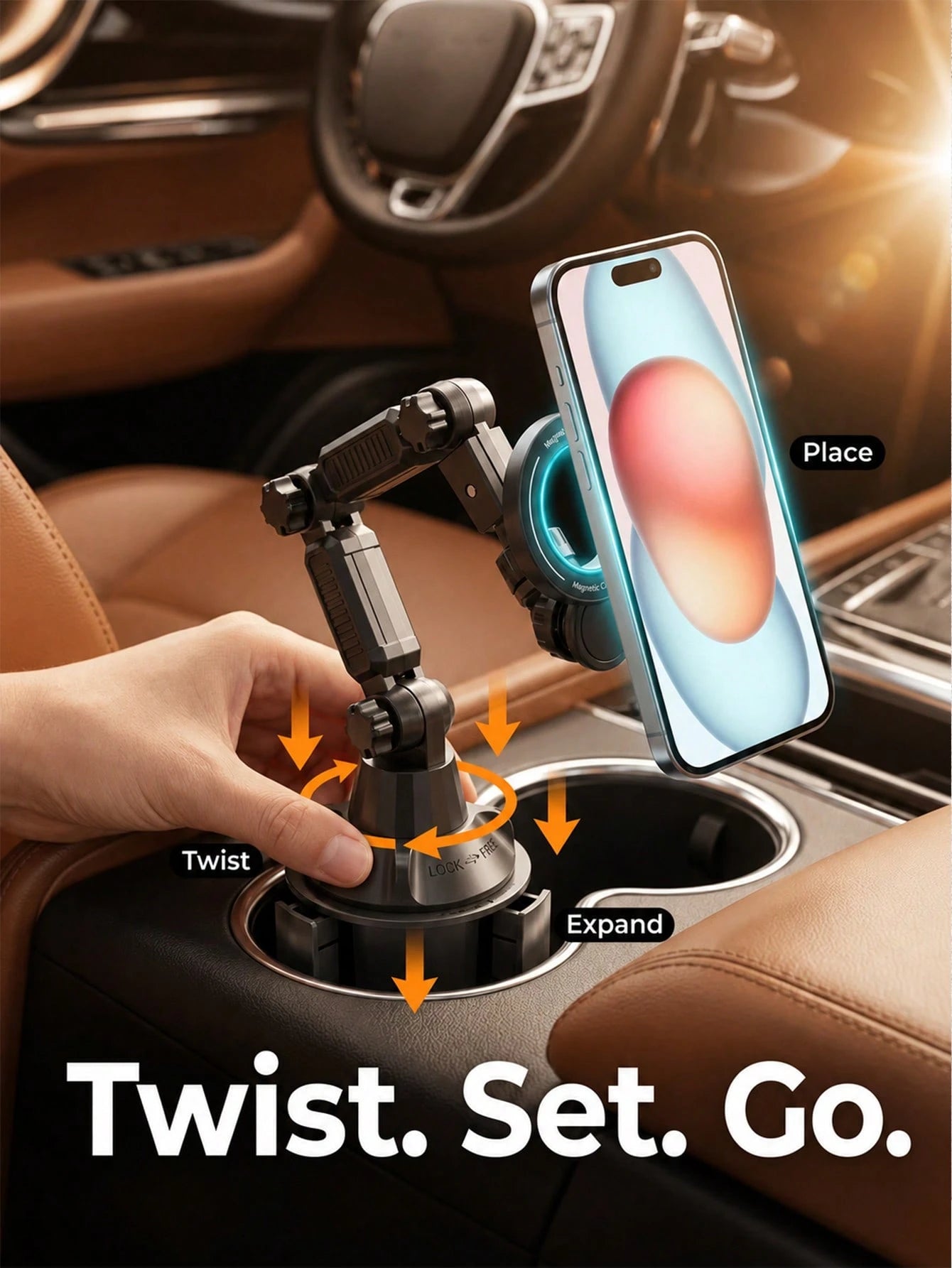 Car Cup Holder Magnetic Phone Mount, Adjustable Multi-Joint Arm MagSafe Car Phone Holder, 360° Rotating Stable Cup Base Phone Mount, Hands-Free Navigation Universal Car Dashboard Smartphone Holder