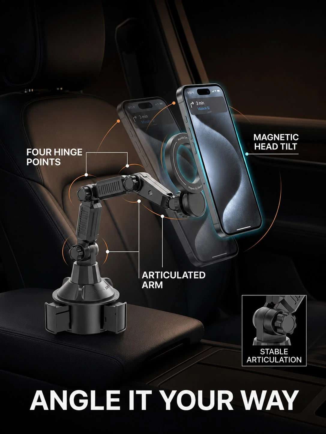 Car Cup Holder Magnetic Phone Mount, Adjustable Multi-Joint Arm MagSafe Car Phone Holder, 360° Rotating Stable Cup Base Phone Mount, Hands-Free Navigation Universal Car Dashboard Smartphone Holder