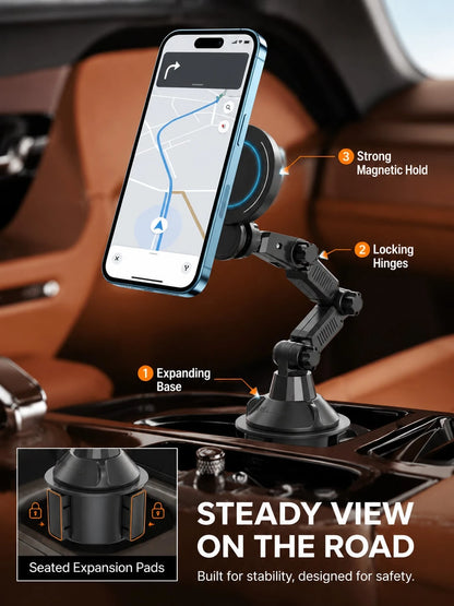Car Cup Holder Magnetic Phone Mount, Adjustable Multi-Joint Arm MagSafe Car Phone Holder, 360° Rotating Stable Cup Base Phone Mount, Hands-Free Navigation Universal Car Dashboard Smartphone Holder